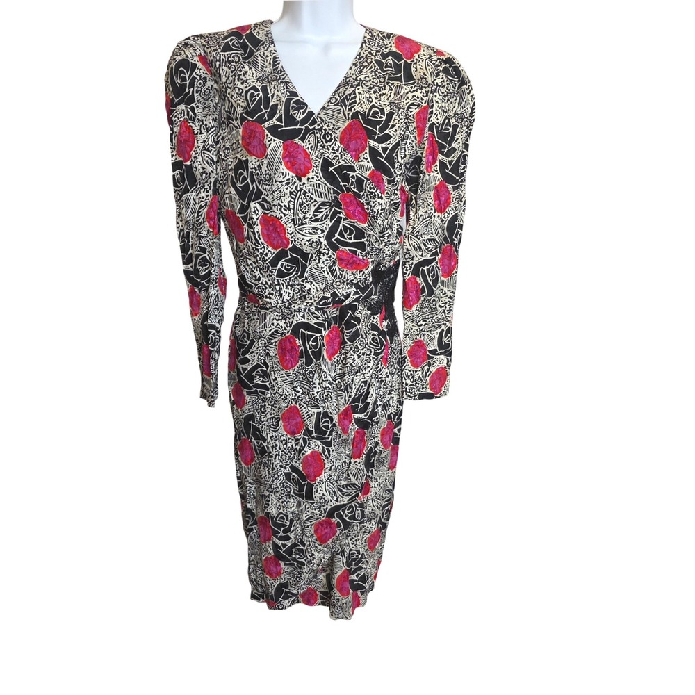 St Gillian Vintage 80s Silk Beaded Floral Wrap Dress Pink Black Dynasty Size 6
